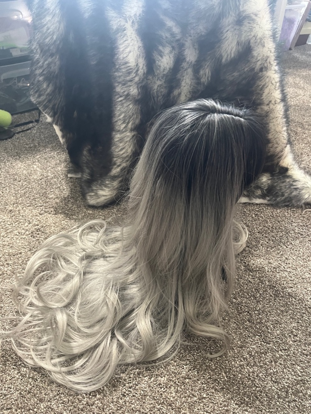 Silver Ombre Long Synthetic Wig with Dark Roots - Women Hair